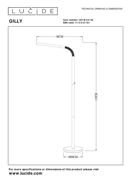 Lucide GILLY - Rechargeable Floor reading lamp - Battery pack - LED Dim. - 1x6W 2700K - Black - technical